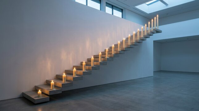 Modern Staircase Lined with Glowing Candles on Every Step in Gallery