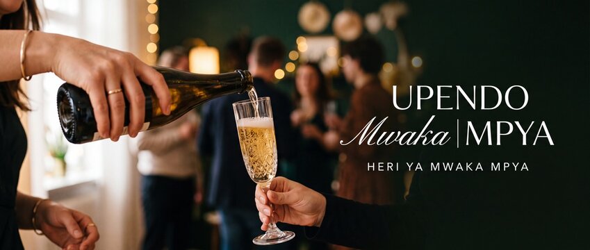 Pouring champagne glass celebration party with friends for New Year toast, featuring Swahili greeting text Upendo Mwaka Mpya Heri ya Mwaka Mpya, festive indoor gathering holiday bokeh lighting.