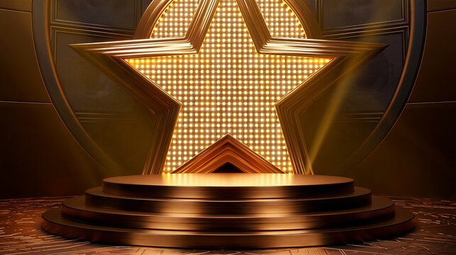 A luxurious 3D studio stage background featuring a massive illuminated five-pointed star backdrop filled with a grid of glowing warm yellow LED pixel lights, layered polished gold metallic frame