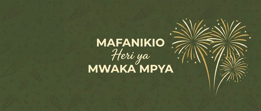 Swahili Happy New Year Banner featuring gold fireworks on green background celebrating success, Heri ya Mwaka Mpya card design, festive holiday greeting header for social media banner background.