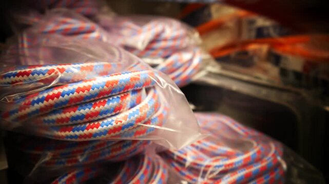 Close-up of a man choosing a vehicle tow strap from a store shelf. Car accessories shop emergency breakdown gear and automotive retail concept