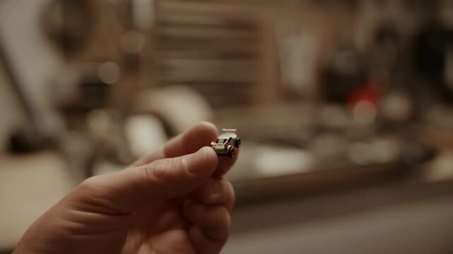 Hand holding tiny toy car in softly blurred indoor setting with shallow focus