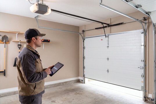 Service worker using tablet for garage door system diagnostics