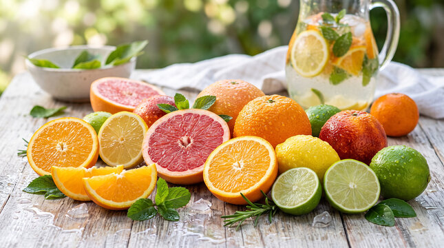 Fresh citrus fruits with water droplets and mint on a rustic wooden table background