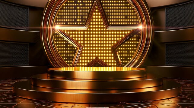 A luxurious 3D studio stage background featuring a massive illuminated five-pointed star backdrop filled with a grid of glowing warm yellow LED pixel lights, layered polished gold metallic frame