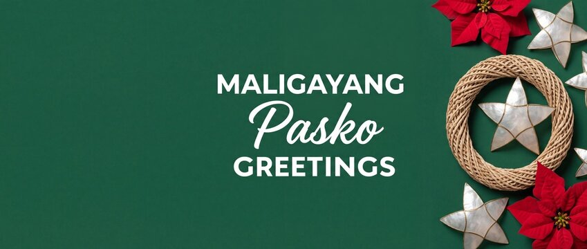 Maligayang Pasko Christmas background banner with Filipino capiz stars, woven wreath, and red poinsettia flower decorations for traditional holiday greeting cards, social media headers, and web banner