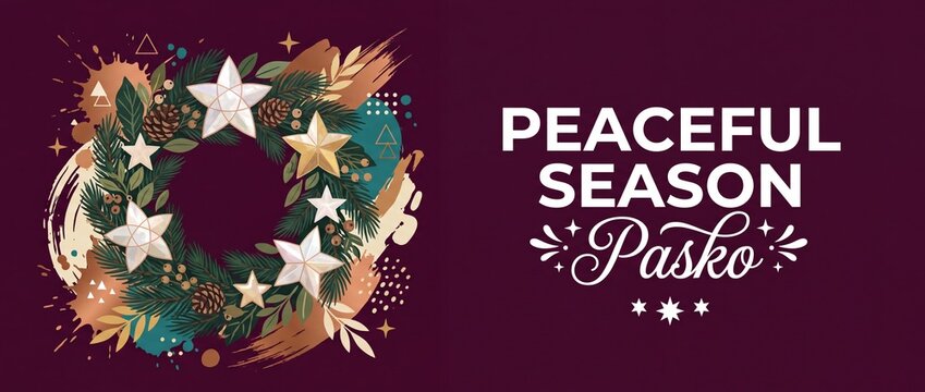 Filipino Christmas Wreath Parol Star banner featuring Peaceful Season Pasko typography text on dark burgundy background with pine leaves, golden brush strokes, and festive decorative elements.