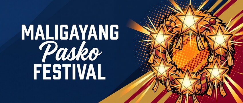 Maligayang Pasko festival banner background featuring illuminated Filipino star lanterns parol with vibrant comic pop art illustration for Philippine Christmas celebration poster design vector templat