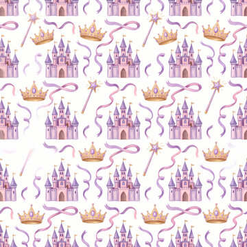 Fairytale princess castles crowns and sparkling wands on white seamless pattern background