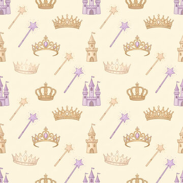 Charming fairytale castle towers crowns and wands on cream seamless pattern background