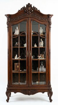Ornate antique mahogany curio cabinet filled with porcelain figurines
