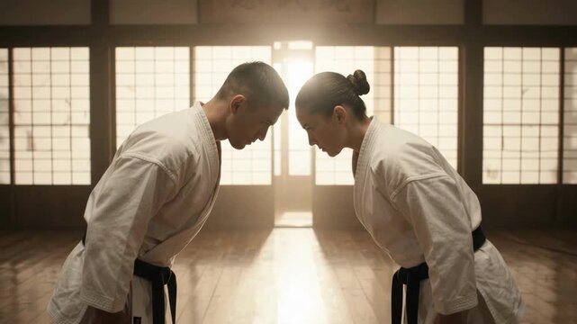 Two karate practitioners bowing to each other in a traditional dojo, showing respect and discipline before training.