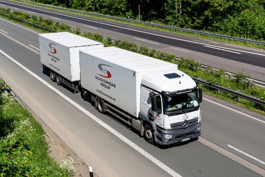 Wiehl, Germany - May 26, 2026: Ulu & Candas Group Mercedes-Benz Actros combination truck on motorway