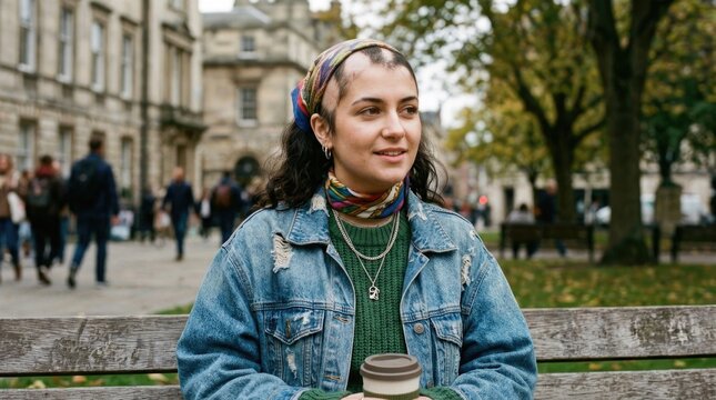 Female alopecia acceptance: head scarf, hair loss, park bench, denim jacket, coffee cup, campus street, autumn day, skin condition, urban atmosphere, peaceful rest.