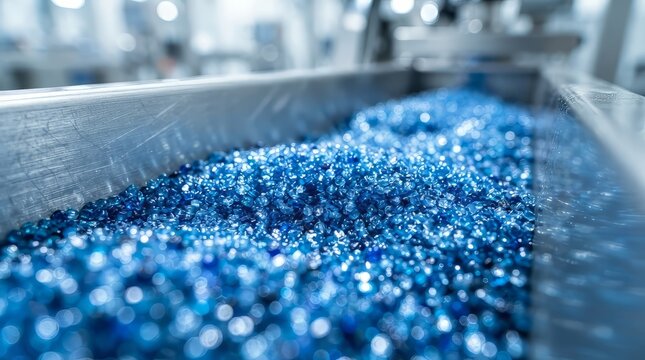 Industrial blue plastic pellets on conveyor belt, recycled polymer granules, raw material for manufacturing