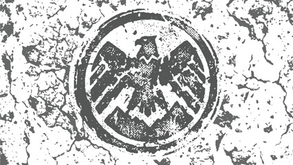 Obraz premium Distressed eagle emblem stencil on weathered cracked wall surface with grunge texture and monochromatic industrial aesthetic in a circular badge format for conceptual background.