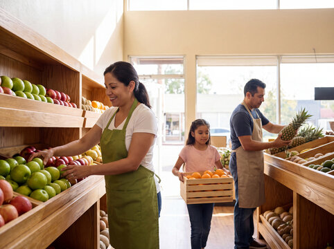 Family arranging fresh fruit in a produce shop