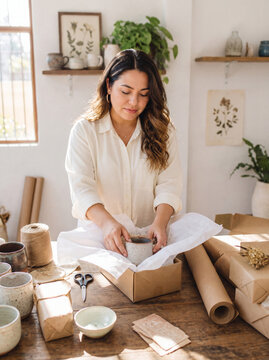 Maker packing a handmade ceramic mug for shipping