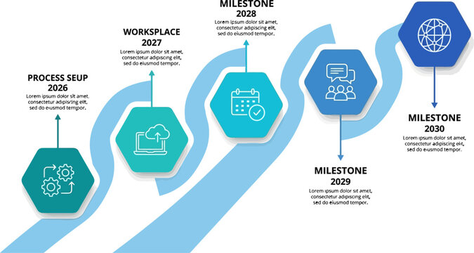 Roadmap infographic featuring hexagonal milestones and a winding blue path for project tracking.