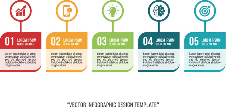 Infographic template with five colorful numbered steps and icons arranged horizontally.