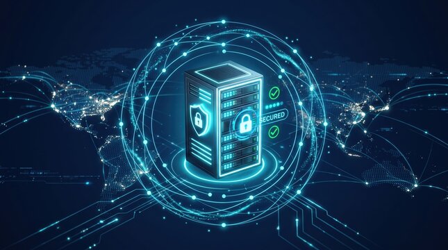 Secure server database with glowing shield icon and global network connections, cybersecurity and data protection technology concept for cloud computing safety