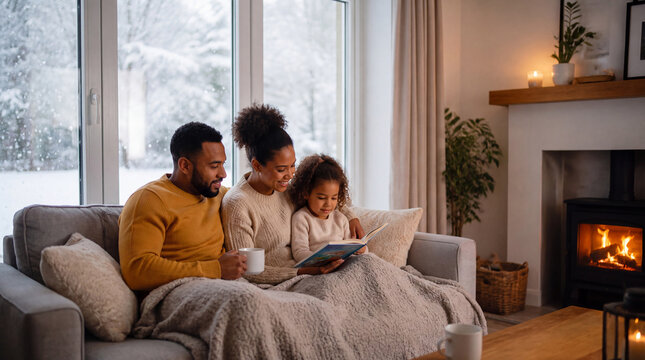 Family reading beside a fireplace on a snowy day