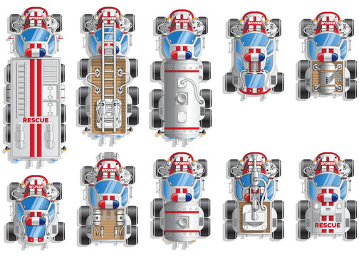 A set of fire trucks. View from above. Isolated on white background. Vector illustration.