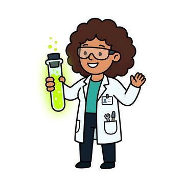 Cartoon female scientist character holding a glowing green test tube for a chemistry experiment
