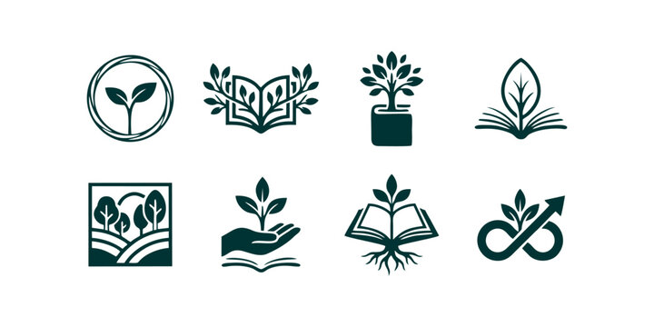 Versatile collection of graphic logos symbolizing the intertwined concepts of sustainable growth, organic knowledge, and educational development through nature-inspired designs