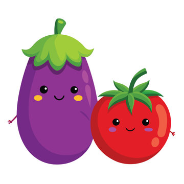 Cute smiling cartoon eggplant and tomato characters together vector illustration for healthy food and children design concepts