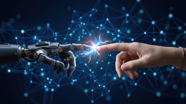 Human hand touching robotic finger with electric spark, symbolizing artificial intelligence, human robot interaction, future technology connection, and digital network communication.