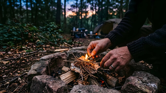 Close-up of hands lighting campfire in forest campsite at twilight