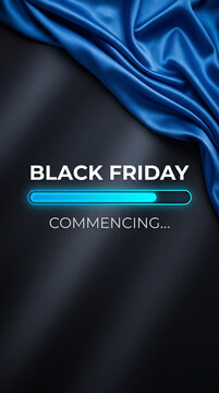 Blue satin fabric drapes over a dark background, announcing Black Friday's imminent arrival with a progress bar