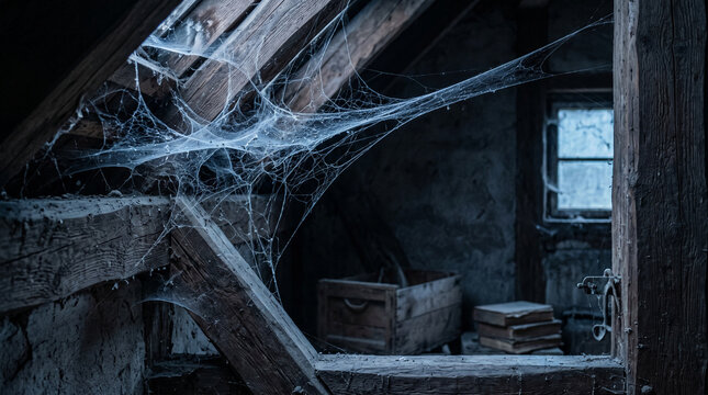 Dusty attic beams covered in thick cobwebs, symbolizing neglect, forgotten places, and mystery, perfect for spooky or historical concepts