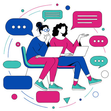 Two women sitting and talking together with speech bubbles vector illustration for modern communication and social networking concepts