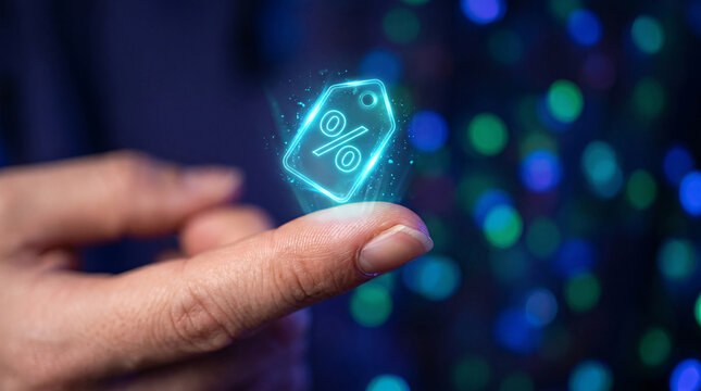 Holographic percentage tag icon glowing on fingertip, representing digital discount and online offer, suggesting commerce and savings