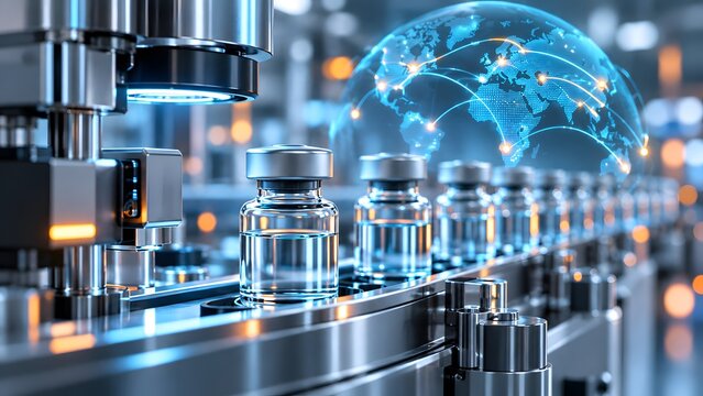 Automated pharmaceutical manufacturing process featuring medical vials on production line conveyor belt and global distribution network technology