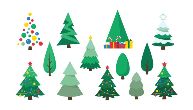 Set of cute flat Christmas tree vectors featuring modern geometric abstract minimal and decorated winter holiday pine designs