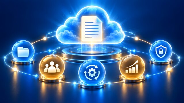 Secure cloud computing document management system featuring digital workflow synchronization analytics team collaboration and data protection