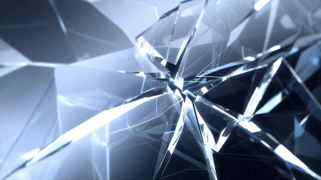 Abstract crystal shards shifting around a bright central fracture in a blue geometric setting