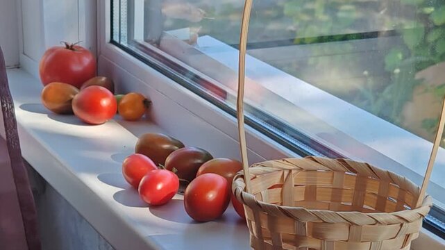 Tomatoes on a windowsill beside a wicker basket
