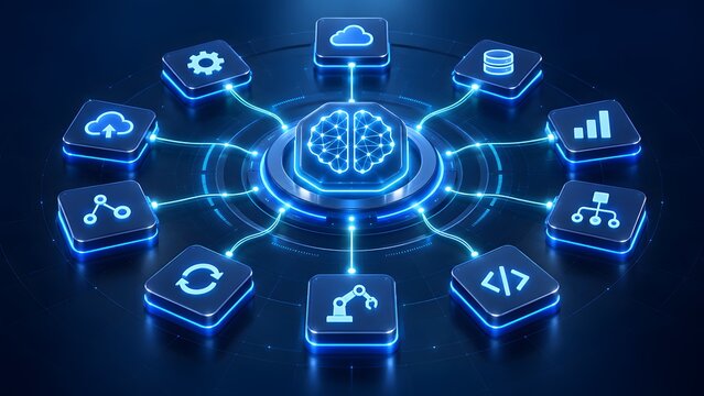 Artificial intelligence central processing network integrating cloud computing data analytics automation robotics and software development systems