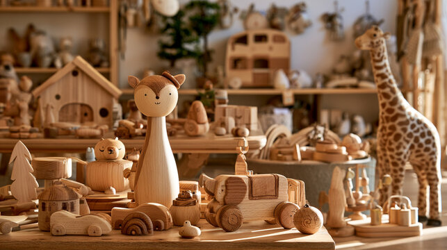 A charming collection of handcrafted wooden toys displayed on a rustic shelf, featuring animals, vehicles, and playful designs, perfect for imaginative play.
