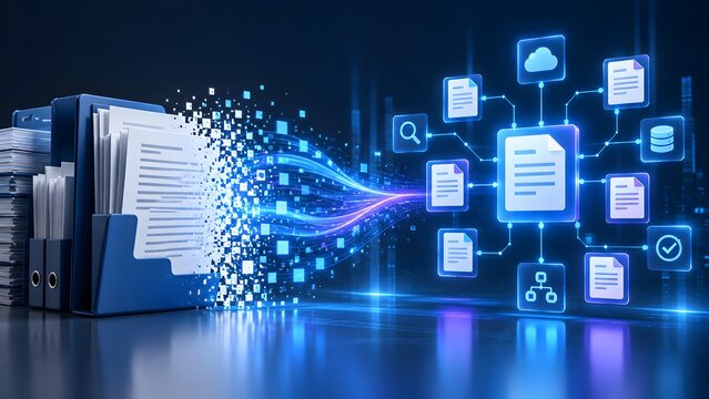 Physical file folder transforming into digital pixels and routing to a glowing cloud network representing document digitization and digital transformation