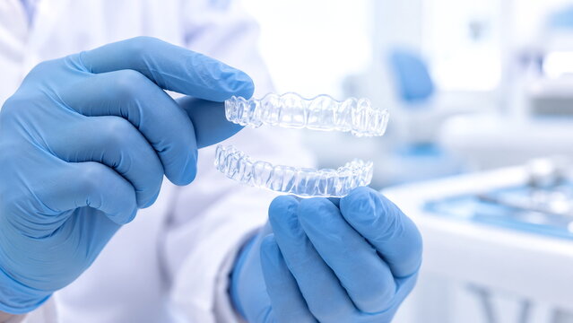 Dentist Holding Clear Dental Aligners for Invisible Orthodontic Treatment