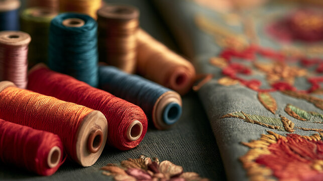 A close-up of colorful sewing threads arranged next to an intricate embroidered fabric, showcasing vibrant hues and textures perfect for craft enthusiasts and sewing lovers.