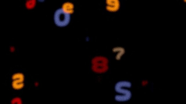 Colorful glowing numbers loop. Beautiful multi-colored digits in retro grainy style flying through the camera. Typewriter symbols with soft noise. 80s, 90s. Nice Doodle style digits, count, education