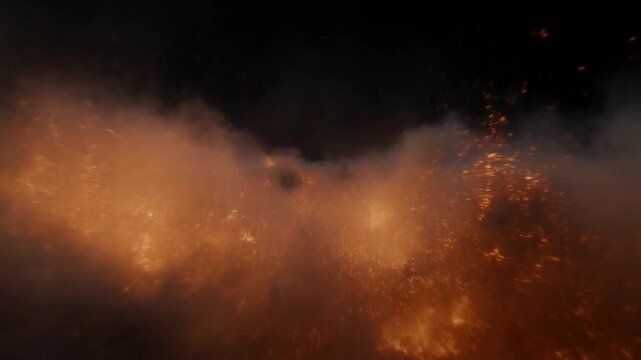 Orange sparks and smoke billow outward through dark fiery atmosphere with glowing particles