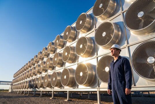 Direct air carbon capture modular collector fan wall in morning sun for climate tech investment deck and clean energy