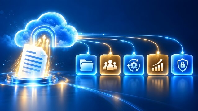 Conceptual representation of secure cloud computing workflow displaying document upload process connected to management analytics and cybersecurity icons